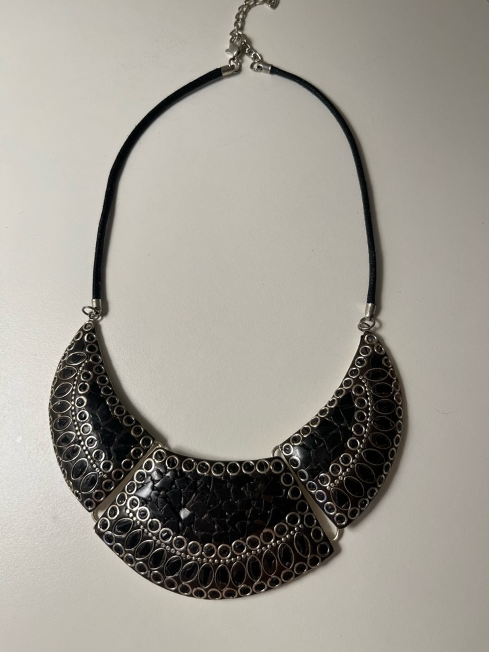 Tibetan Black Mosaic Statement Collar Necklace – Silver Tone